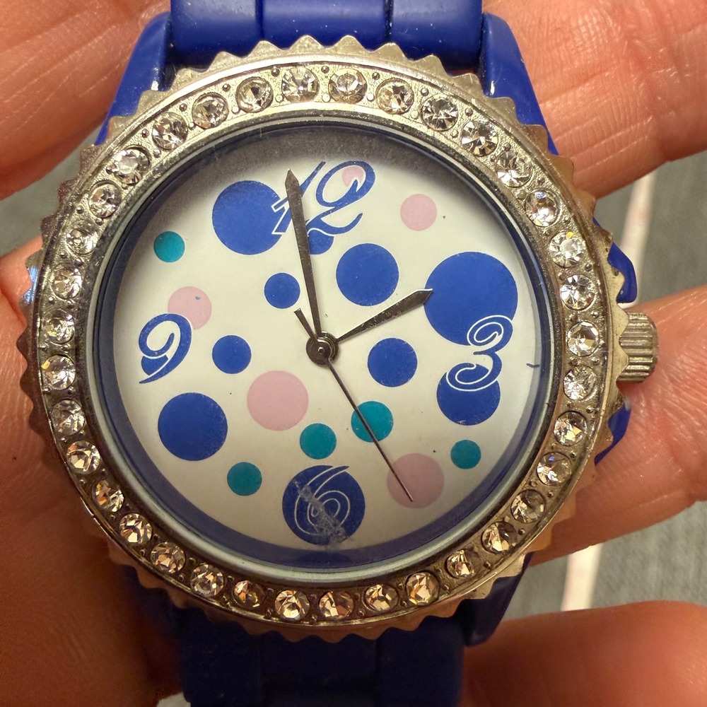 GT Blue Silicone Polka Dot Watch Rhinestone Bezel Japan Movement WORKS